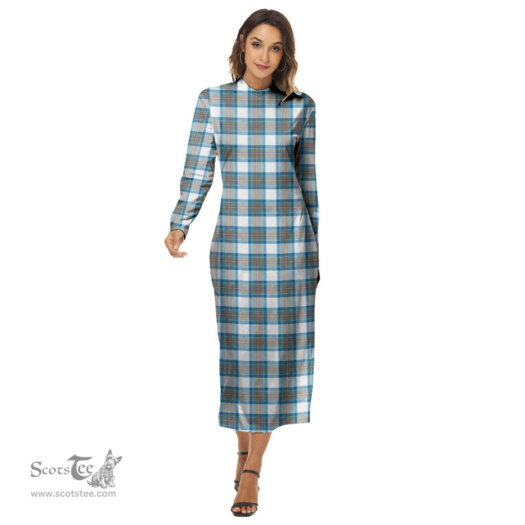 ScotsTee Shop Scottish Stewart Muted Blue Clan Tartan Womens Mock Neck Long Sleeve Midi Dress