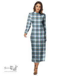 ScotsTee Shop Scottish Stewart Muted Blue Clan Tartan Womens Mock Neck Long Sleeve Midi Dress