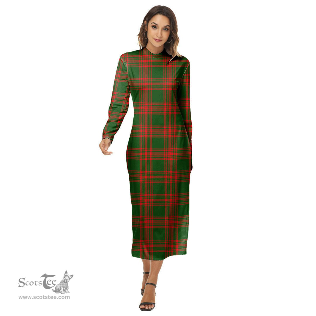 ScotsTee Shop Scottish Menzies Green Modern Clan Tartan Womens Mock Neck Long Sleeve Midi Dress