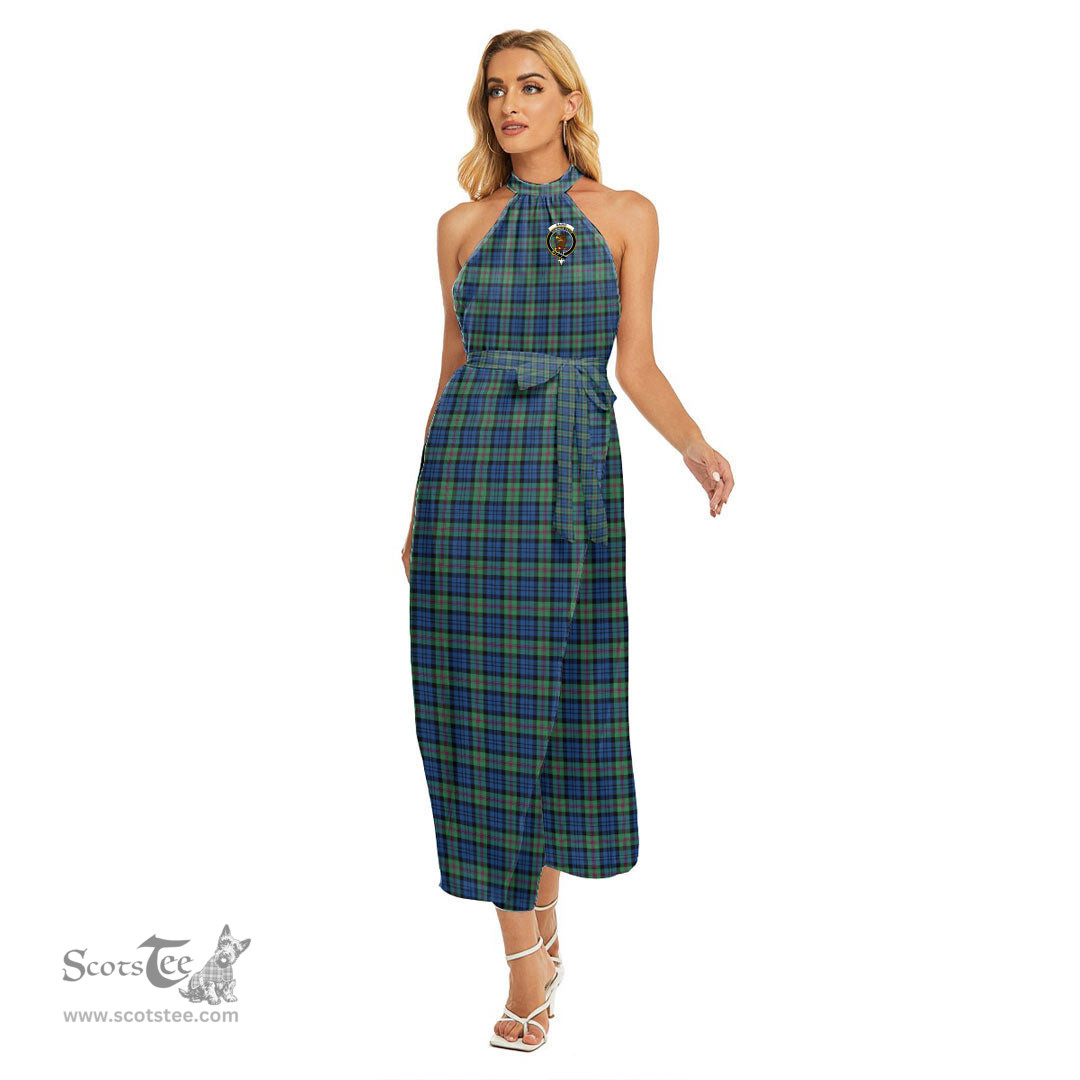 ScotsTee Shop Scottish Baird Ancient Clan Crest Tartan Womens Wrap Hem Belted Halter Dress
