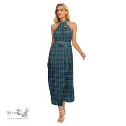 ScotsTee Shop Scottish Baird Ancient Clan Crest Tartan Womens Wrap Hem Belted Halter Dress