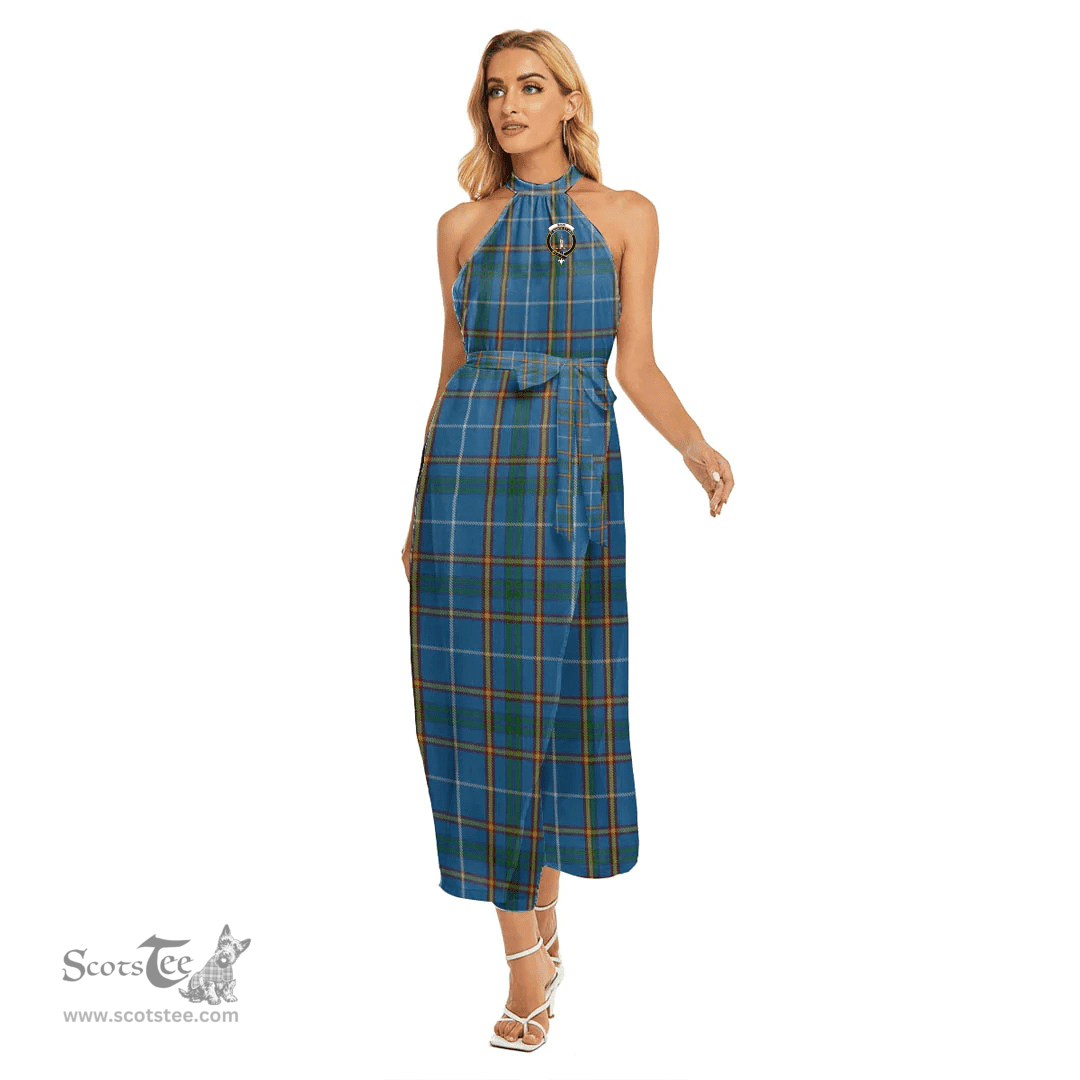 ScotsTee Shop Scottish Bain Clan Crest Tartan Womens Wrap Hem Belted Halter Dress