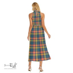 ScotsTee Shop Scottish Buchanan Ancient Clan Tartan Womens Wrap Hem Belted Halter Dress
