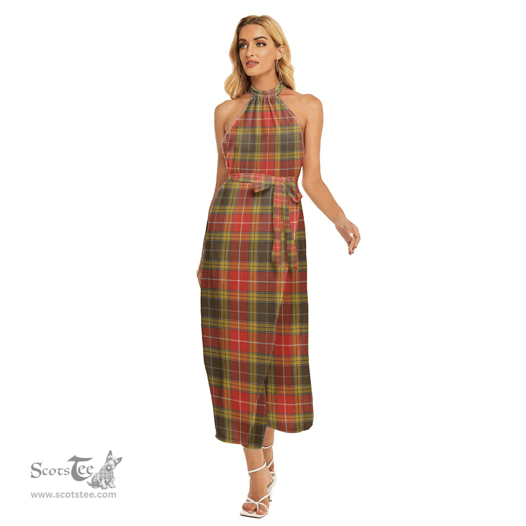 ScotsTee Shop Scottish Buchanan Old Set Weathered Clan Tartan Womens Wrap Hem Belted Halter Dress