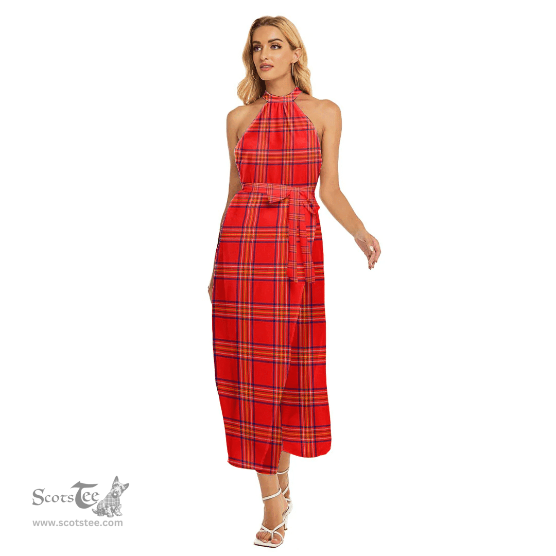 ScotsTee Shop Scottish Burnett Modern Clan Tartan Womens Wrap Hem Belted Halter Dress