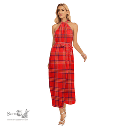 ScotsTee Shop Scottish Burnett Modern Clan Tartan Womens Wrap Hem Belted Halter Dress