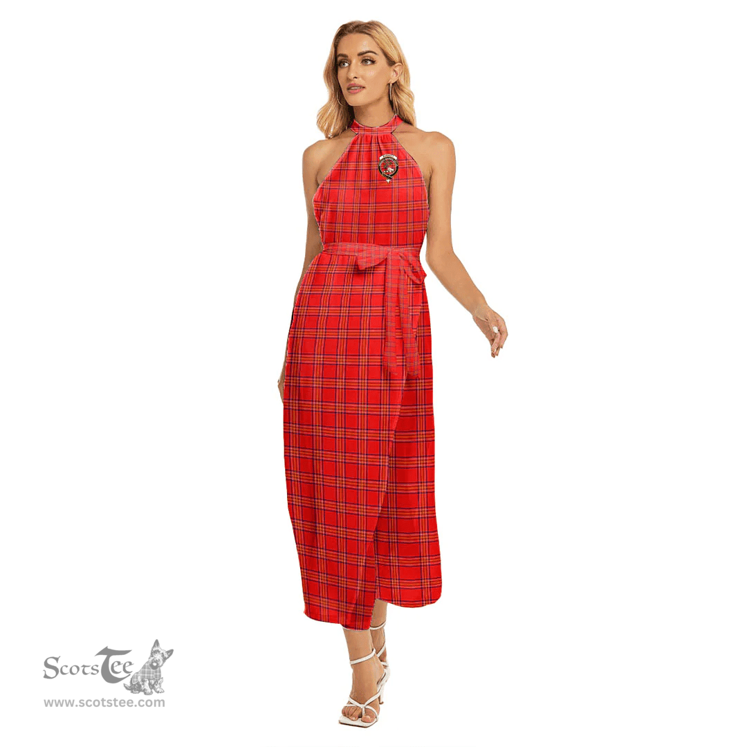 ScotsTee Shop Scottish Burnett Modern Clan Crest Tartan Womens Wrap Hem Belted Halter Dress