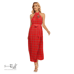 ScotsTee Shop Scottish Burnett Modern Clan Crest Tartan Womens Wrap Hem Belted Halter Dress