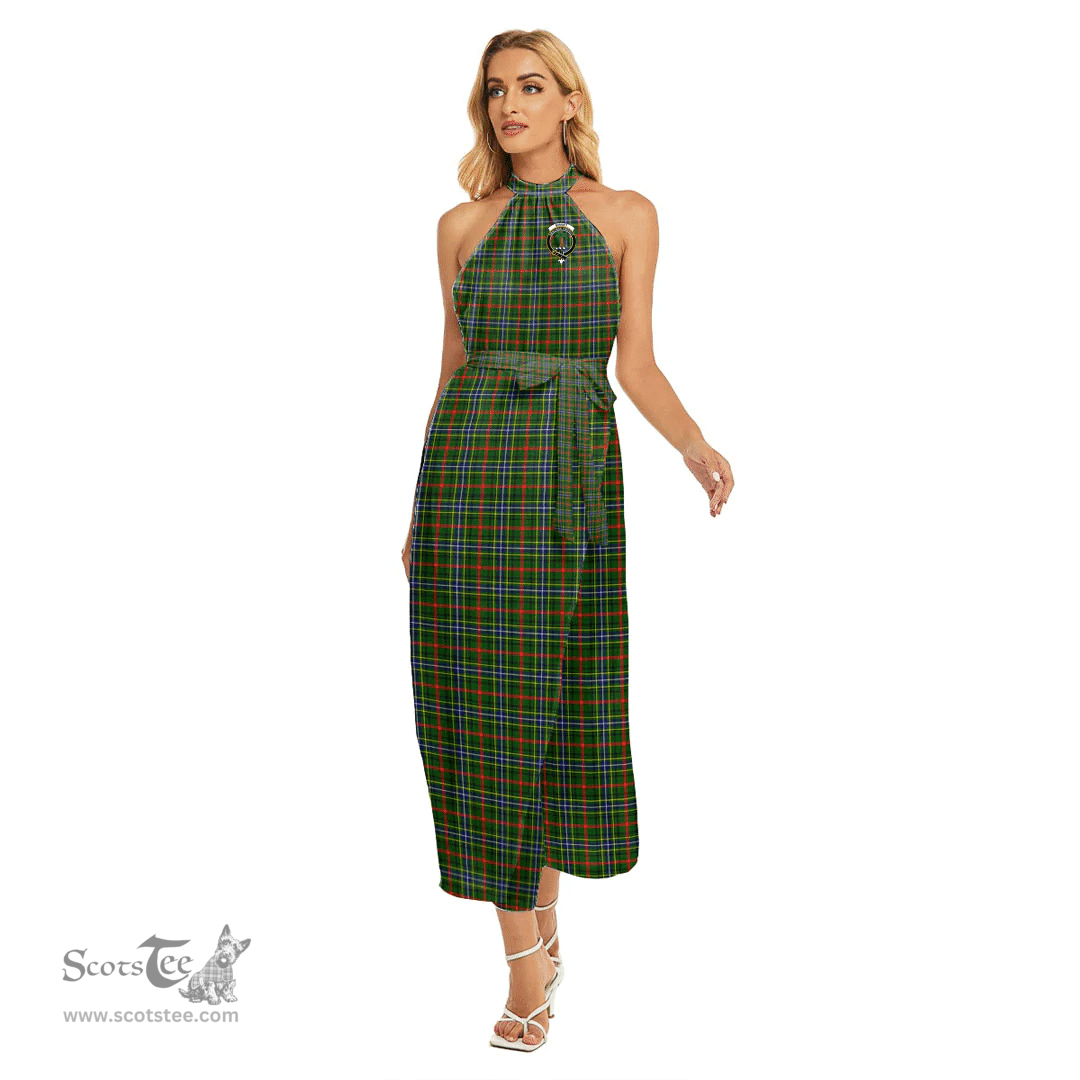 ScotsTee Shop Scottish Bisset Clan Crest Tartan Womens Wrap Hem Belted Halter Dress