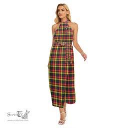 ScotsTee Shop Scottish Buchanan Modern Clan Crest Tartan Womens Wrap Hem Belted Halter Dress