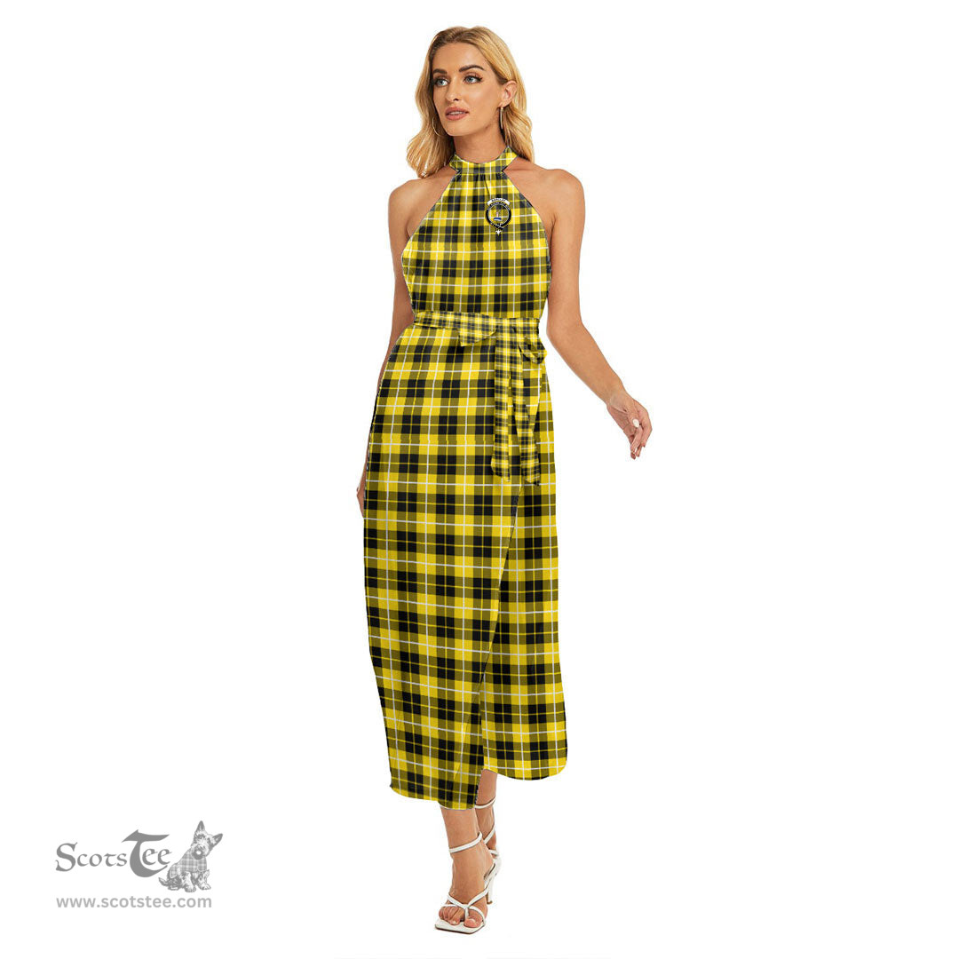 ScotsTee Shop Scottish Barclay Dress Modern Clan Crest Tartan Womens Wrap Hem Belted Halter Dress