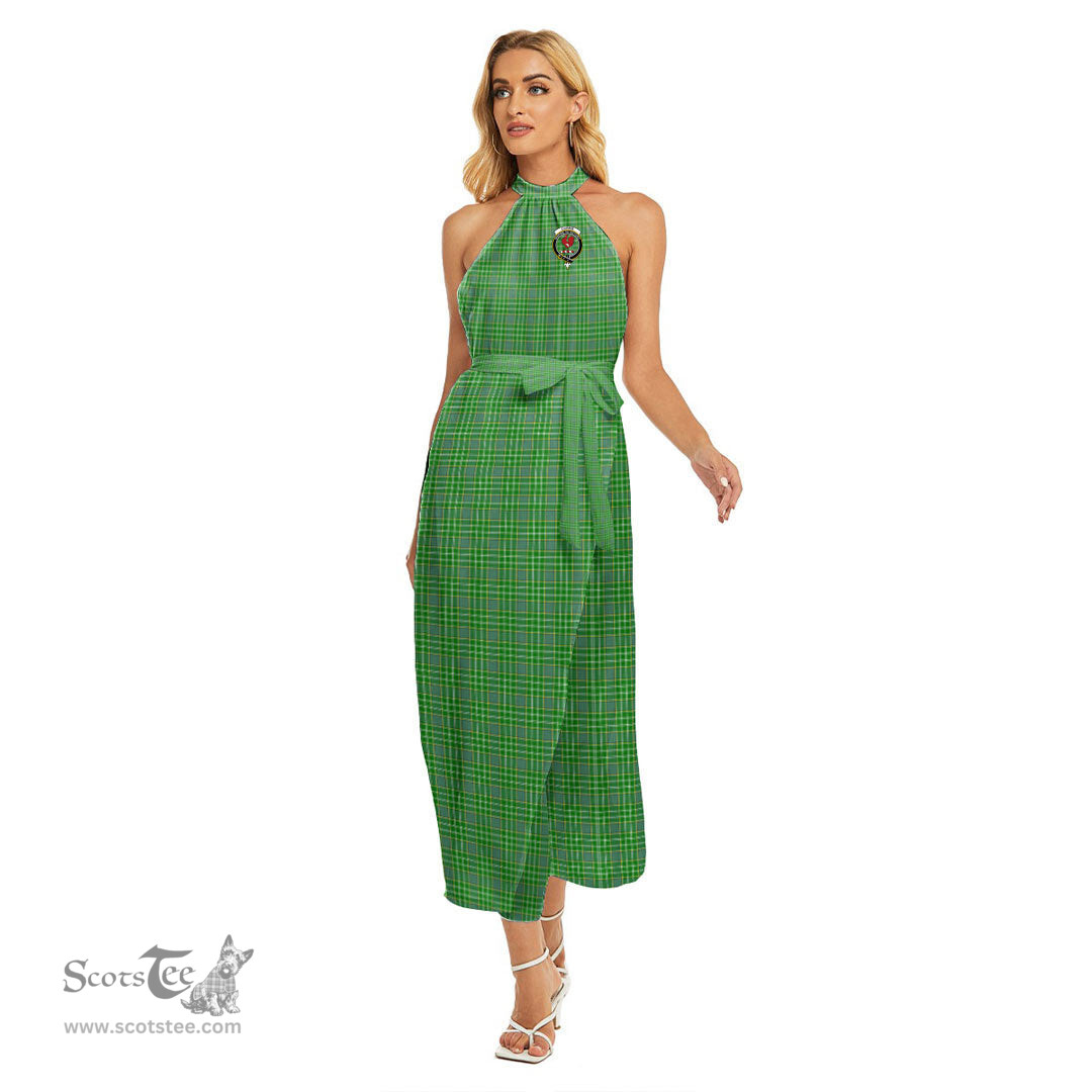 ScotsTee Shop Scottish Currie Clan Crest Tartan Womens Wrap Hem Belted Halter Dress