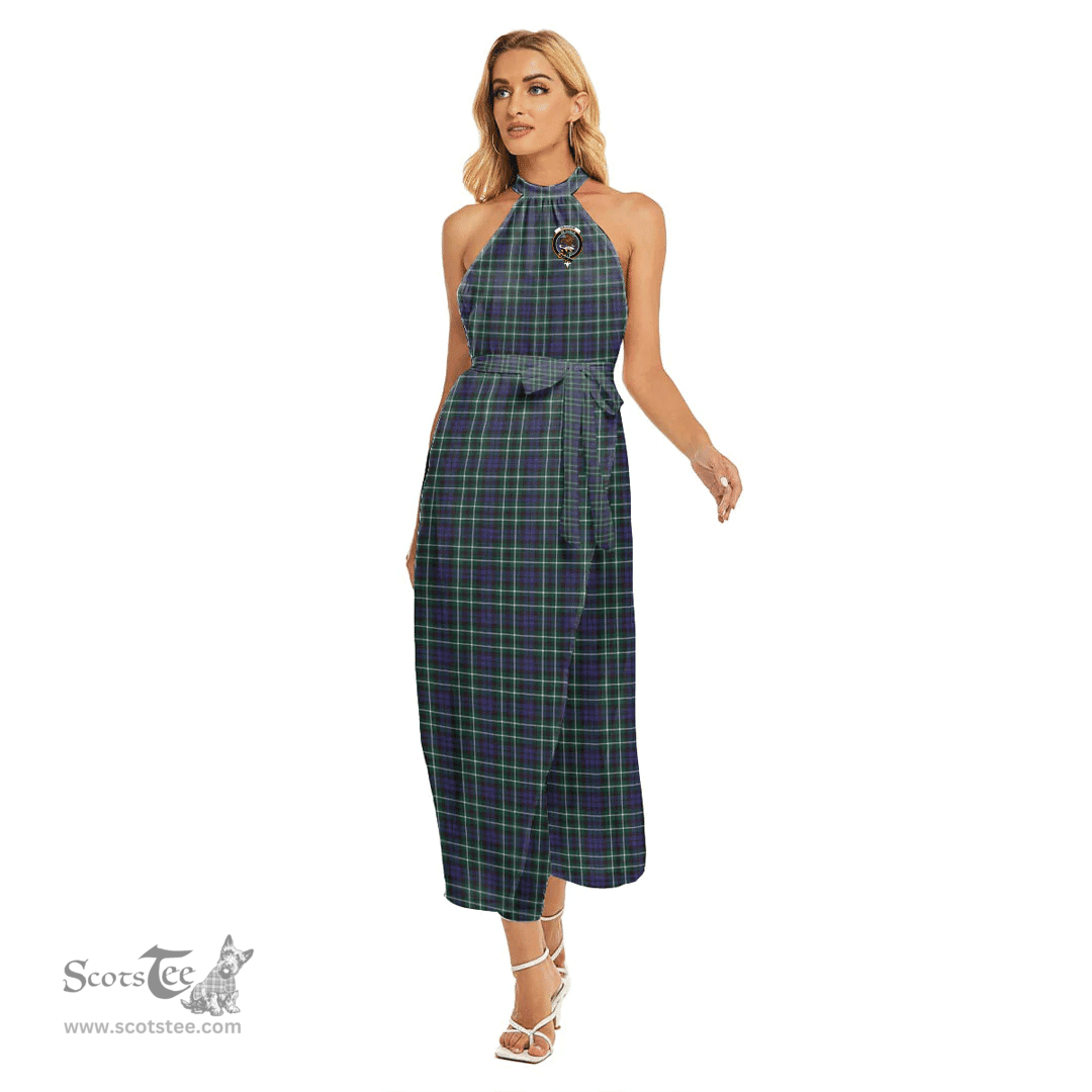 ScotsTee Shop Scottish Graham of Montrose Modern Clan Crest Tartan Womens Wrap Hem Belted Halter Dress