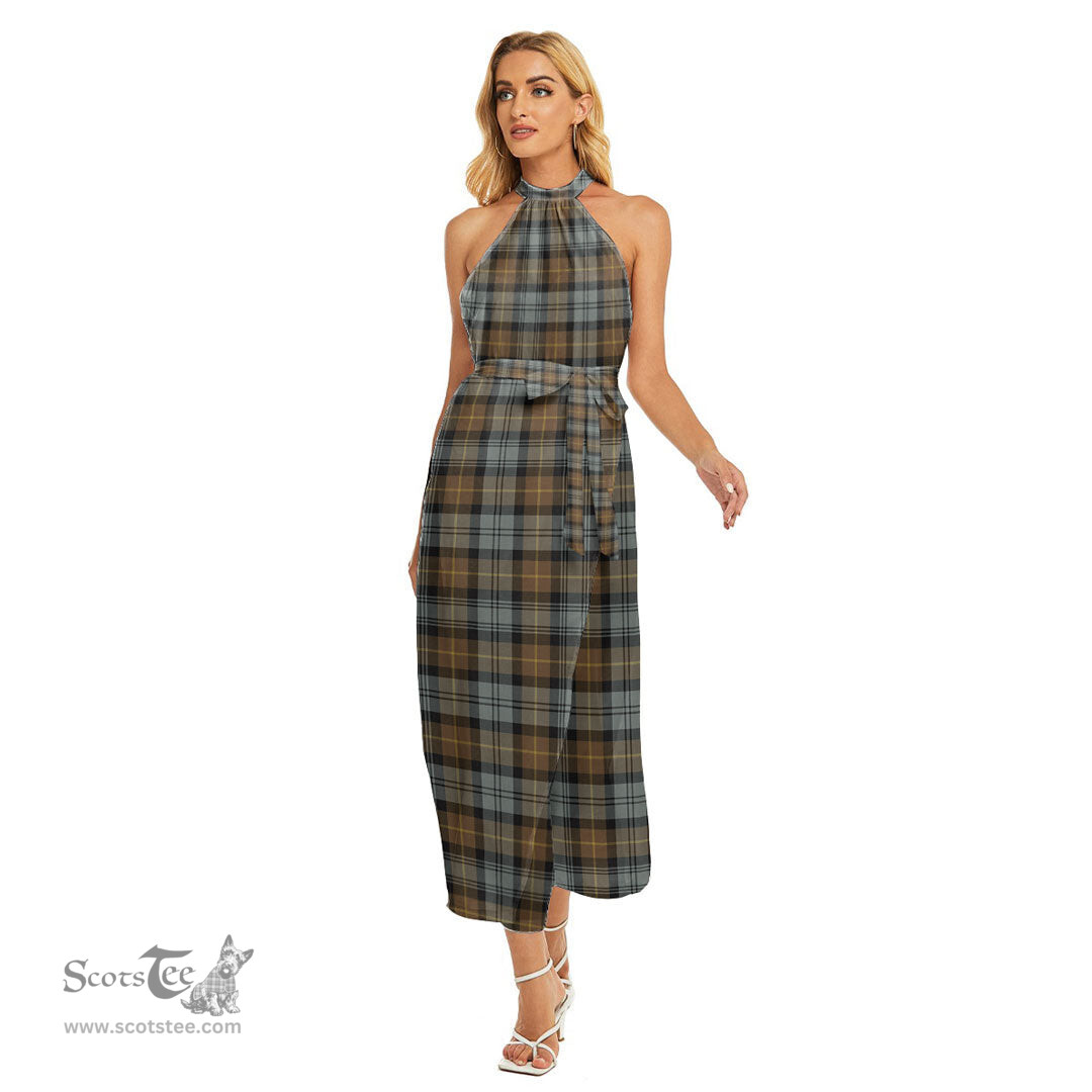 ScotsTee Shop Scottish Gordon Weathered Clan Tartan Womens Wrap Hem Belted Halter Dress