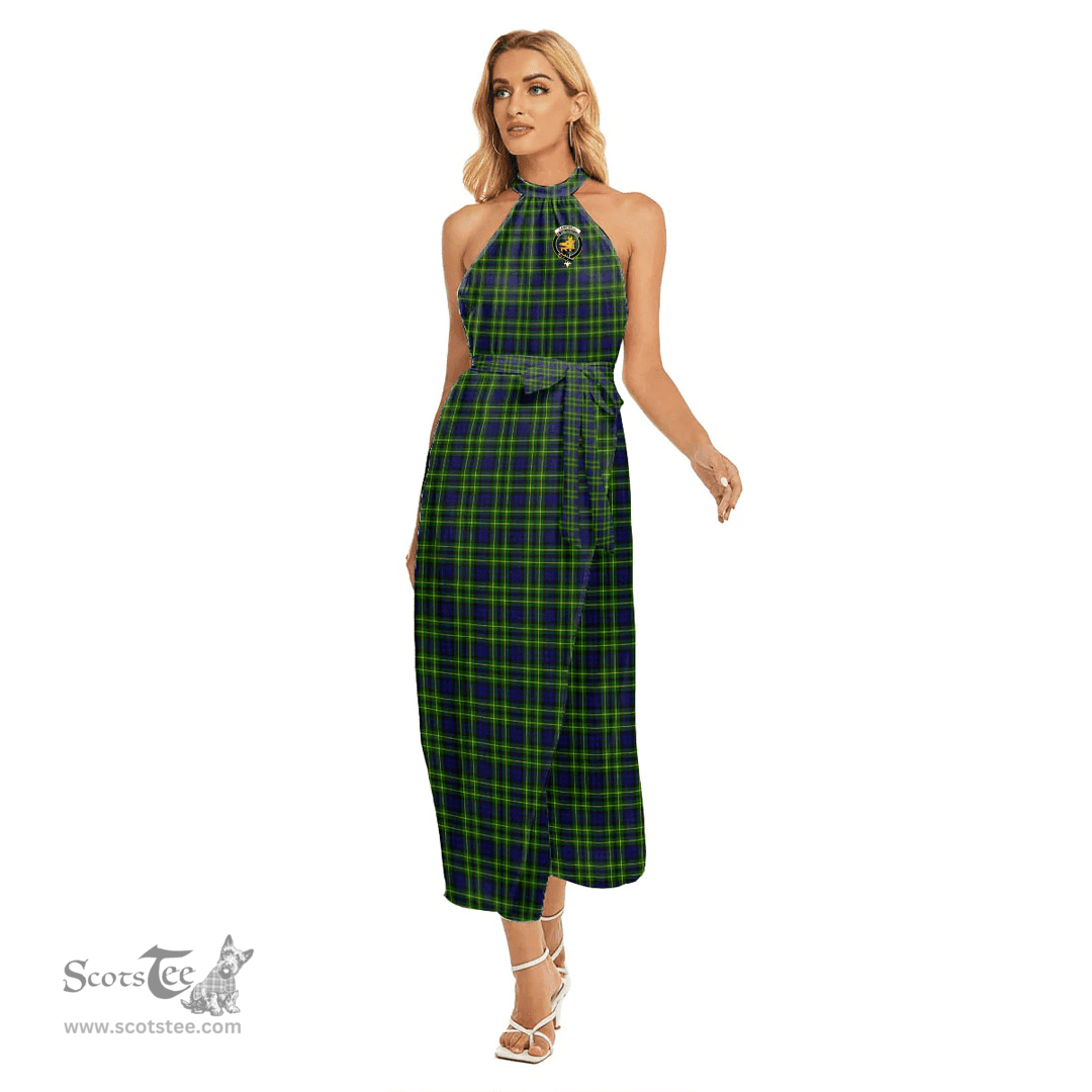 ScotsTee Shop Scottish Campbell of Breadalbane Modern Clan Crest Tartan Womens Wrap Hem Belted Halter Dress