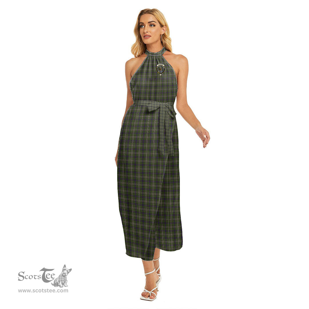 ScotsTee Shop Scottish Davidson Tulloch Dress Clan Crest Tartan Womens Wrap Hem Belted Halter Dress