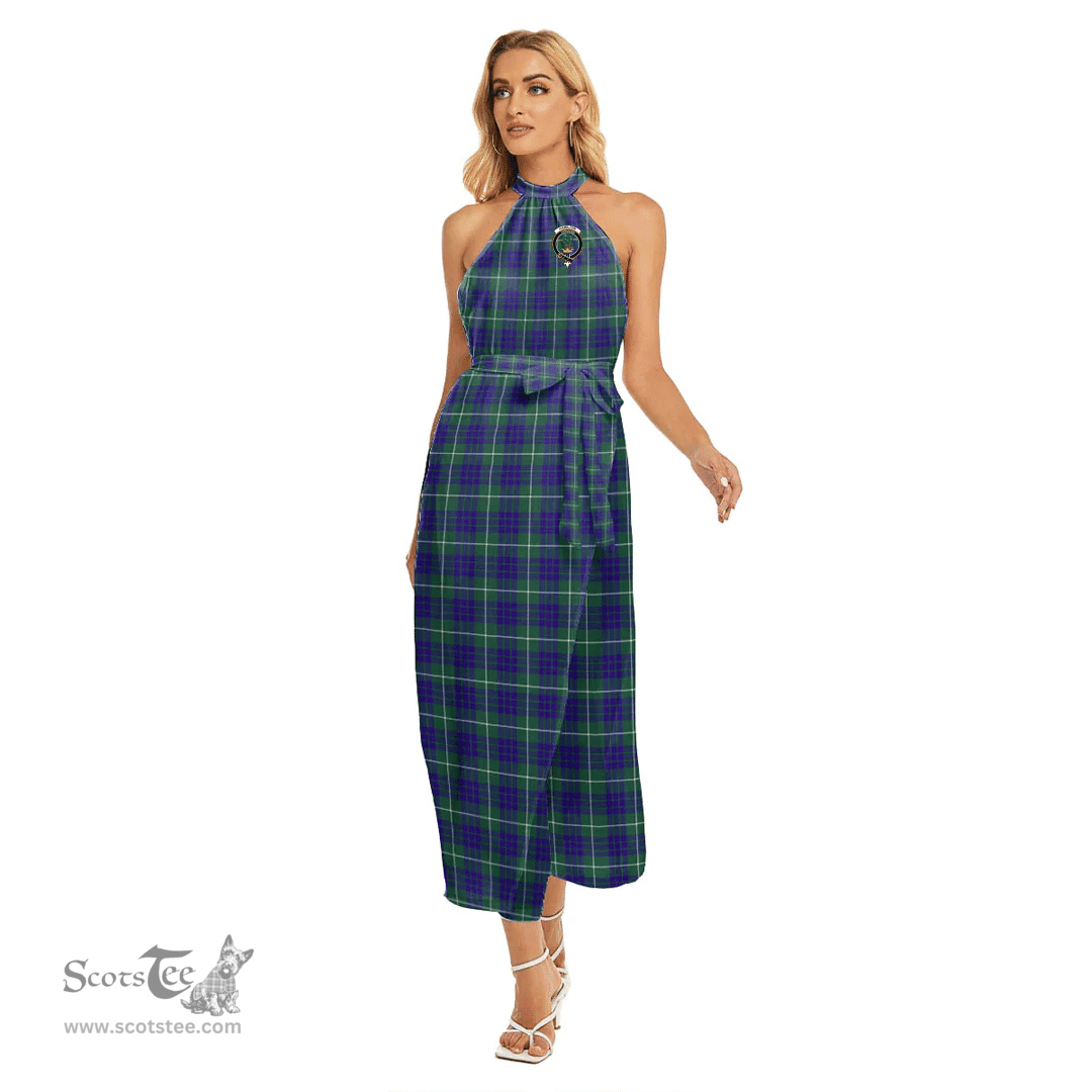 ScotsTee Shop Scottish Hamilton Hunting Modern Clan Crest Tartan Womens Wrap Hem Belted Halter Dress