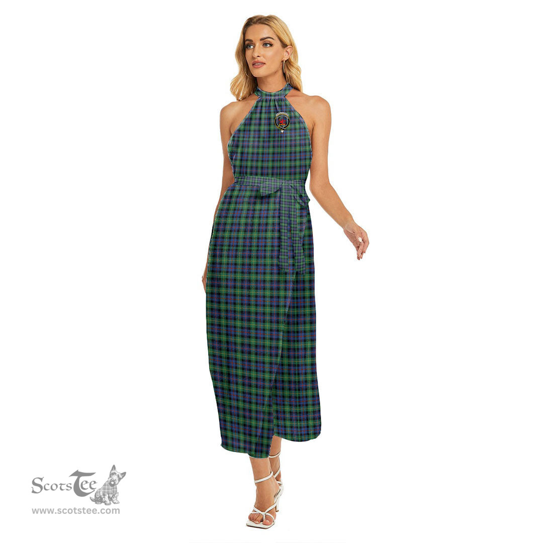 ScotsTee Shop Scottish Farquharson Ancient Clan Crest Tartan Womens Wrap Hem Belted Halter Dress