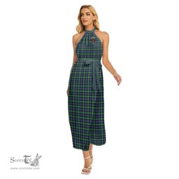 ScotsTee Shop Scottish Farquharson Ancient Clan Crest Tartan Womens Wrap Hem Belted Halter Dress