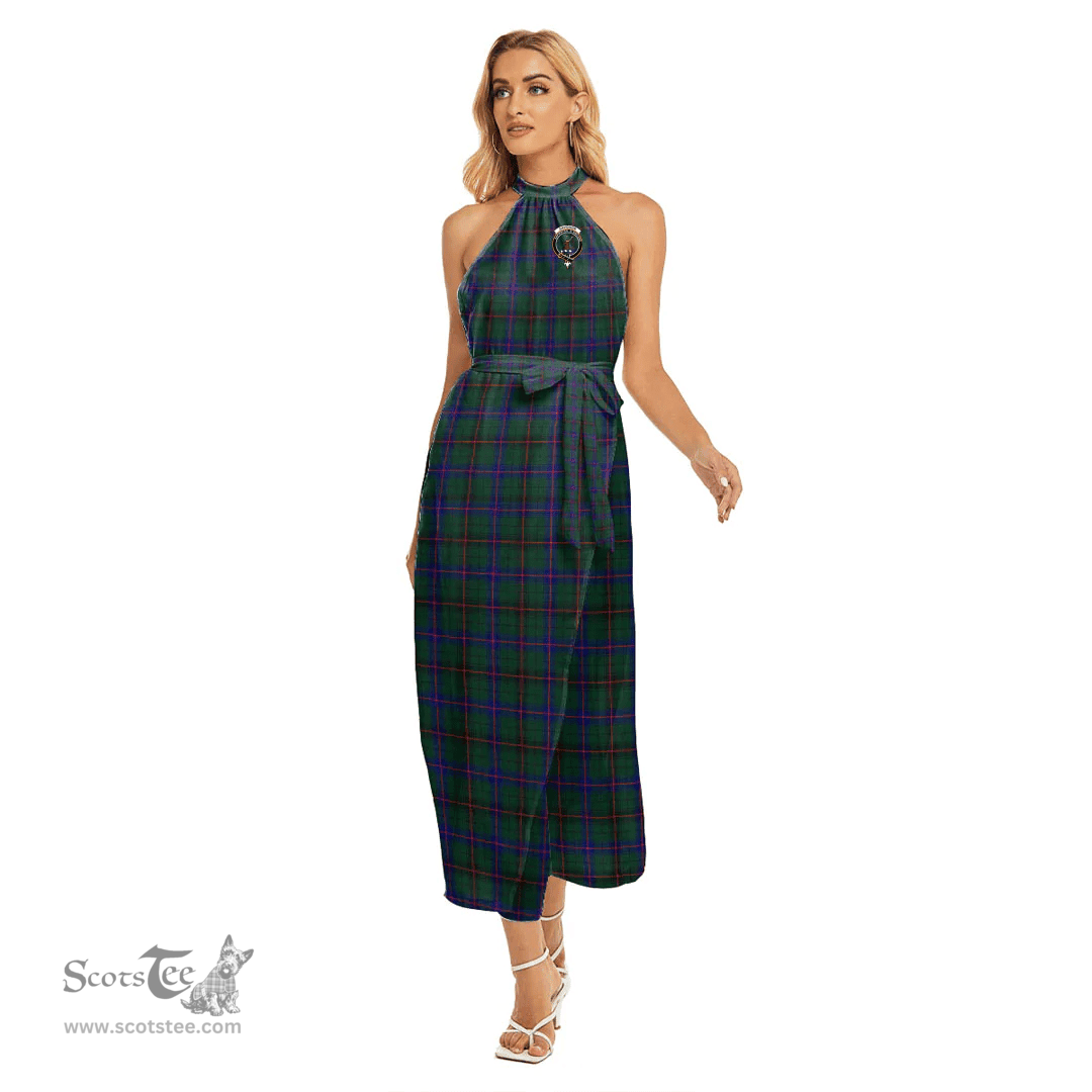 ScotsTee Shop Scottish Davidson Modern Clan Crest Tartan Womens Wrap Hem Belted Halter Dress