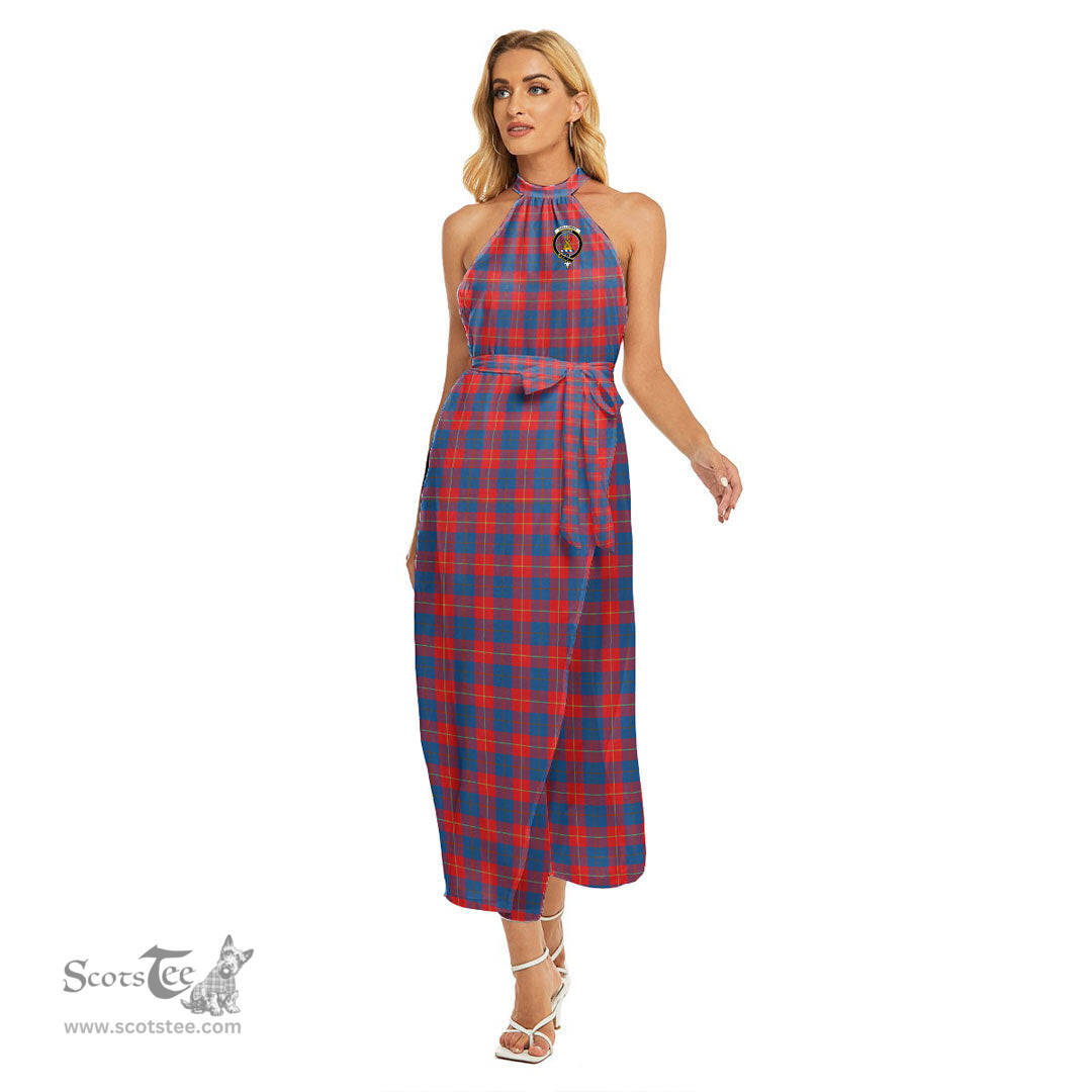 ScotsTee Shop Scottish Galloway Red Clan Crest Tartan Womens Wrap Hem Belted Halter Dress