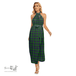 ScotsTee Shop Scottish Duncan Modern Clan Crest Tartan Womens Wrap Hem Belted Halter Dress
