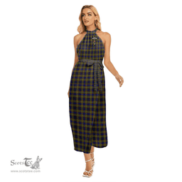 ScotsTee Shop Scottish Clelland Modern Clan Crest Tartan Womens Wrap Hem Belted Halter Dress