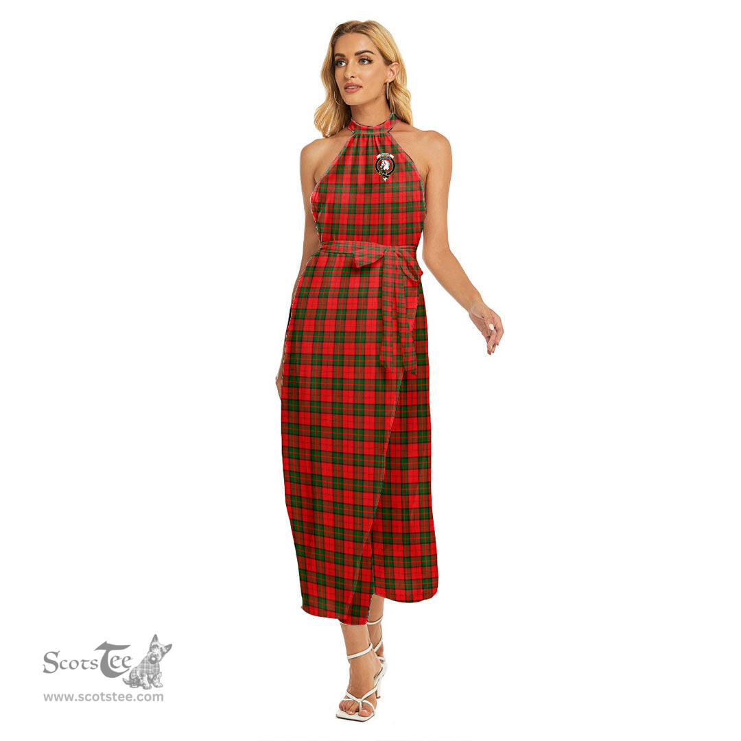 ScotsTee Shop Scottish Dunbar Modern Clan Crest Tartan Womens Wrap Hem Belted Halter Dress