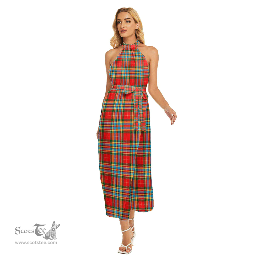 ScotsTee Shop Scottish Chattan Clan Tartan Womens Wrap Hem Belted Halter Dress
