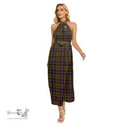 ScotsTee Shop Scottish Cochrane Modern Clan Crest Tartan Womens Wrap Hem Belted Halter Dress