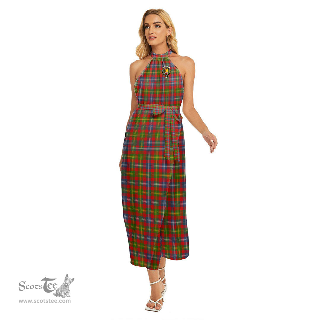ScotsTee Shop Scottish Forrester Clan Crest Tartan Womens Wrap Hem Belted Halter Dress
