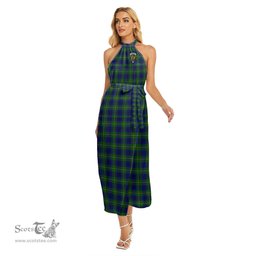 ScotsTee Shop Scottish Johnston Modern Clan Crest Tartan Womens Wrap Hem Belted Halter Dress