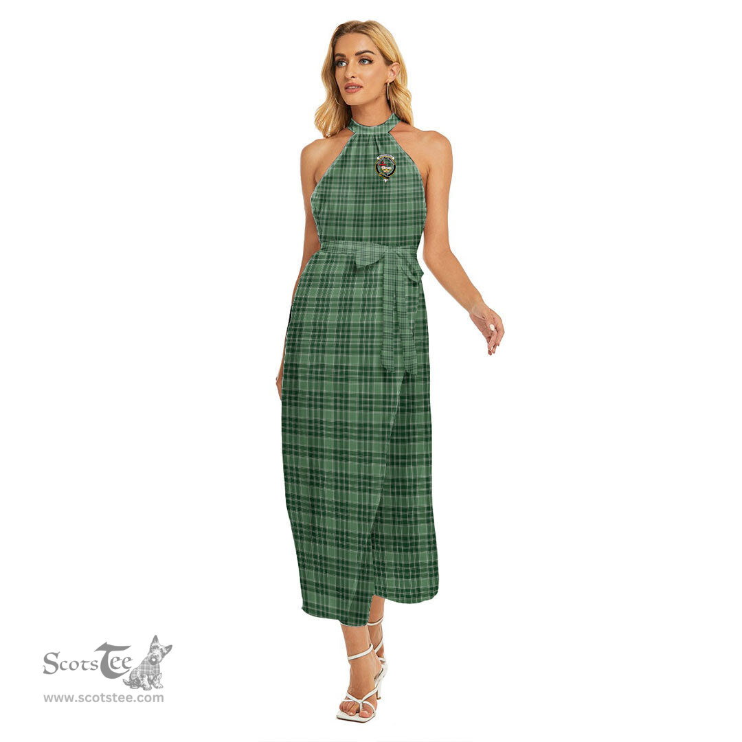 ScotsTee Shop Scottish MacDonald Lord of the Isles Hunting Clan Crest Tartan Womens Wrap Hem Belted Halter Dress