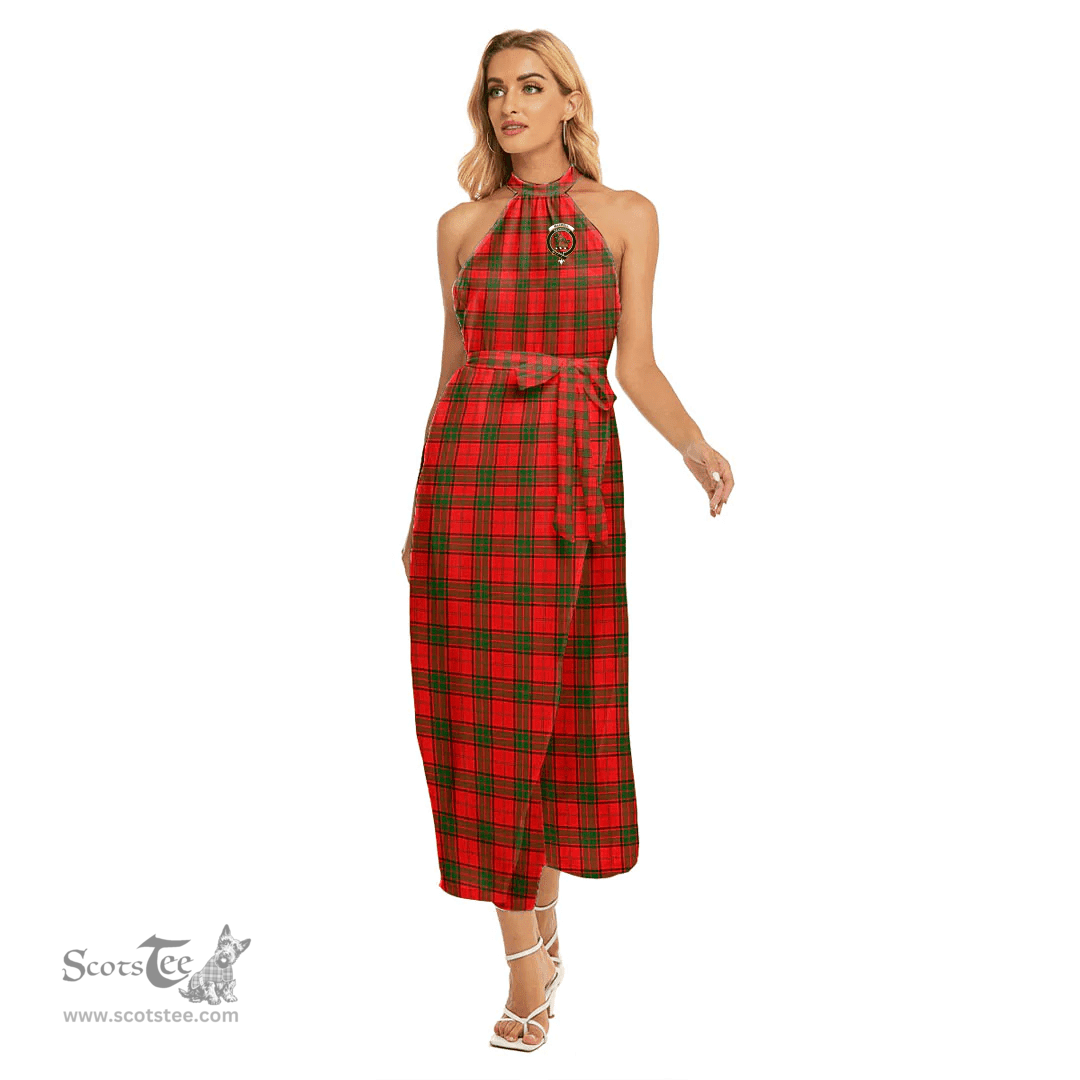 ScotsTee Shop Scottish Maxwell Modern Clan Crest Tartan Womens Wrap Hem Belted Halter Dress