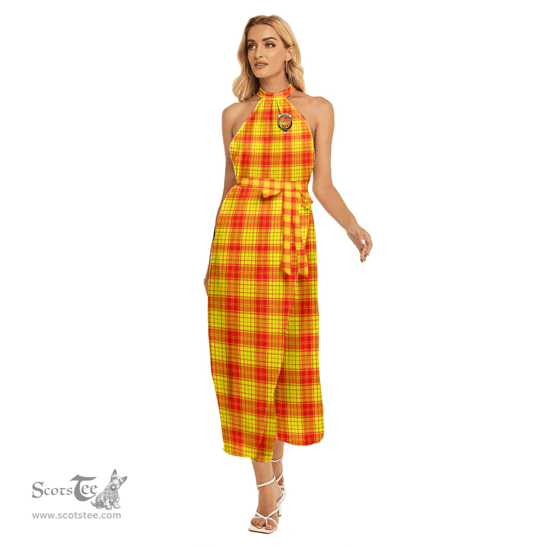 ScotsTee Shop Scottish MacMillan Clan Clan Crest Tartan Womens Wrap Hem Belted Halter Dress
