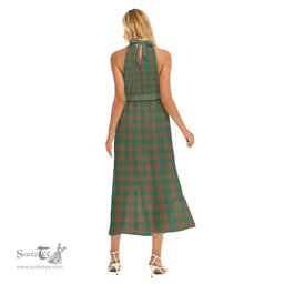ScotsTee Shop Scottish Menzies Green Ancient Clan Crest Tartan Womens Wrap Hem Belted Halter Dress