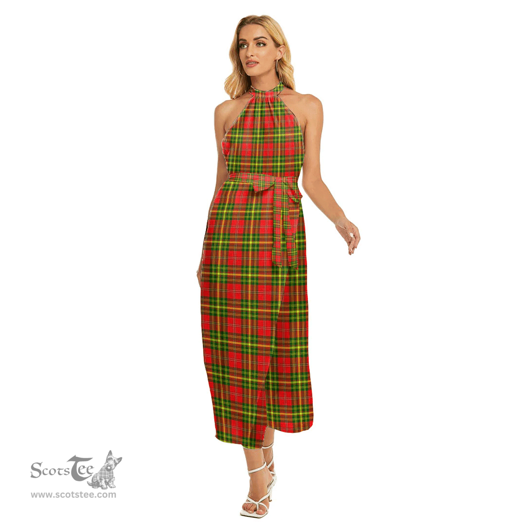 ScotsTee Shop Scottish Leask Clan Tartan Womens Wrap Hem Belted Halter Dress