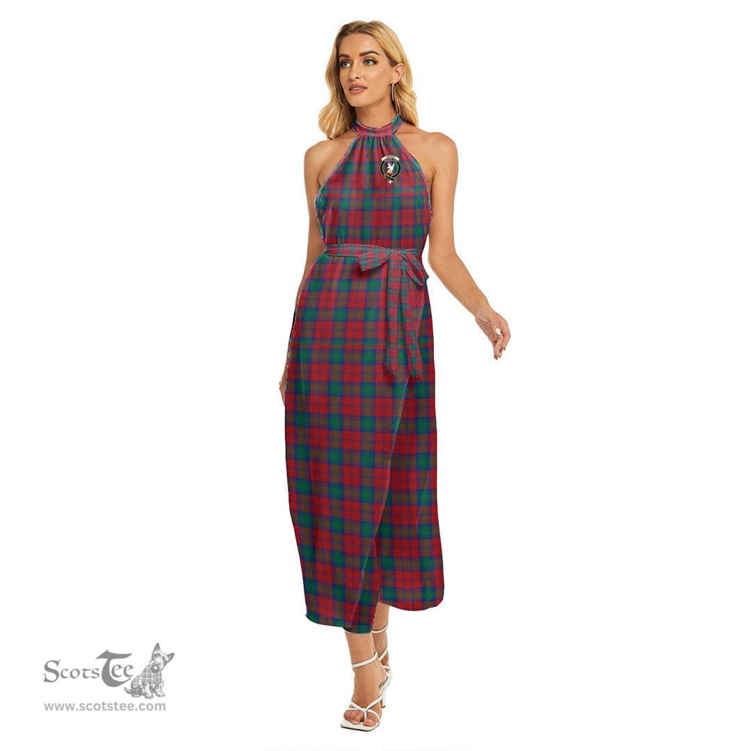 ScotsTee Shop Scottish Lindsay Modern Clan Crest Tartan Womens Wrap Hem Belted Halter Dress