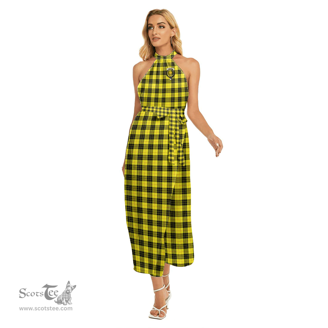 ScotsTee Shop Scottish MacLeod of Lewis Modern Clan Crest Tartan Womens Wrap Hem Belted Halter Dress