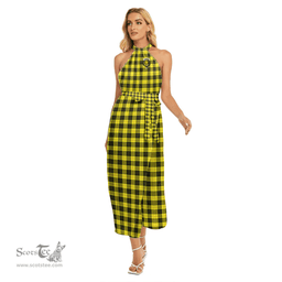 ScotsTee Shop Scottish MacLeod of Lewis Modern Clan Crest Tartan Womens Wrap Hem Belted Halter Dress