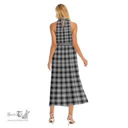 ScotsTee Shop Scottish Menzies Black White Modern Clan Crest Tartan Womens Wrap Hem Belted Halter Dress