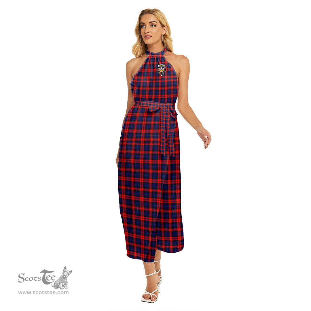 ScotsTee Shop Scottish MacLachlan Modern Clan Crest Tartan Womens Wrap Hem Belted Halter Dress