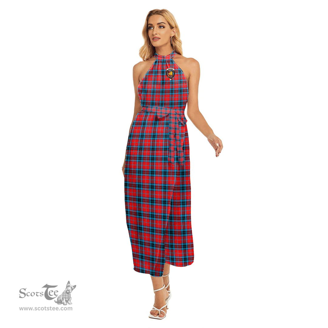 ScotsTee Shop Scottish MacTavish Modern Clan Crest Tartan Womens Wrap Hem Belted Halter Dress