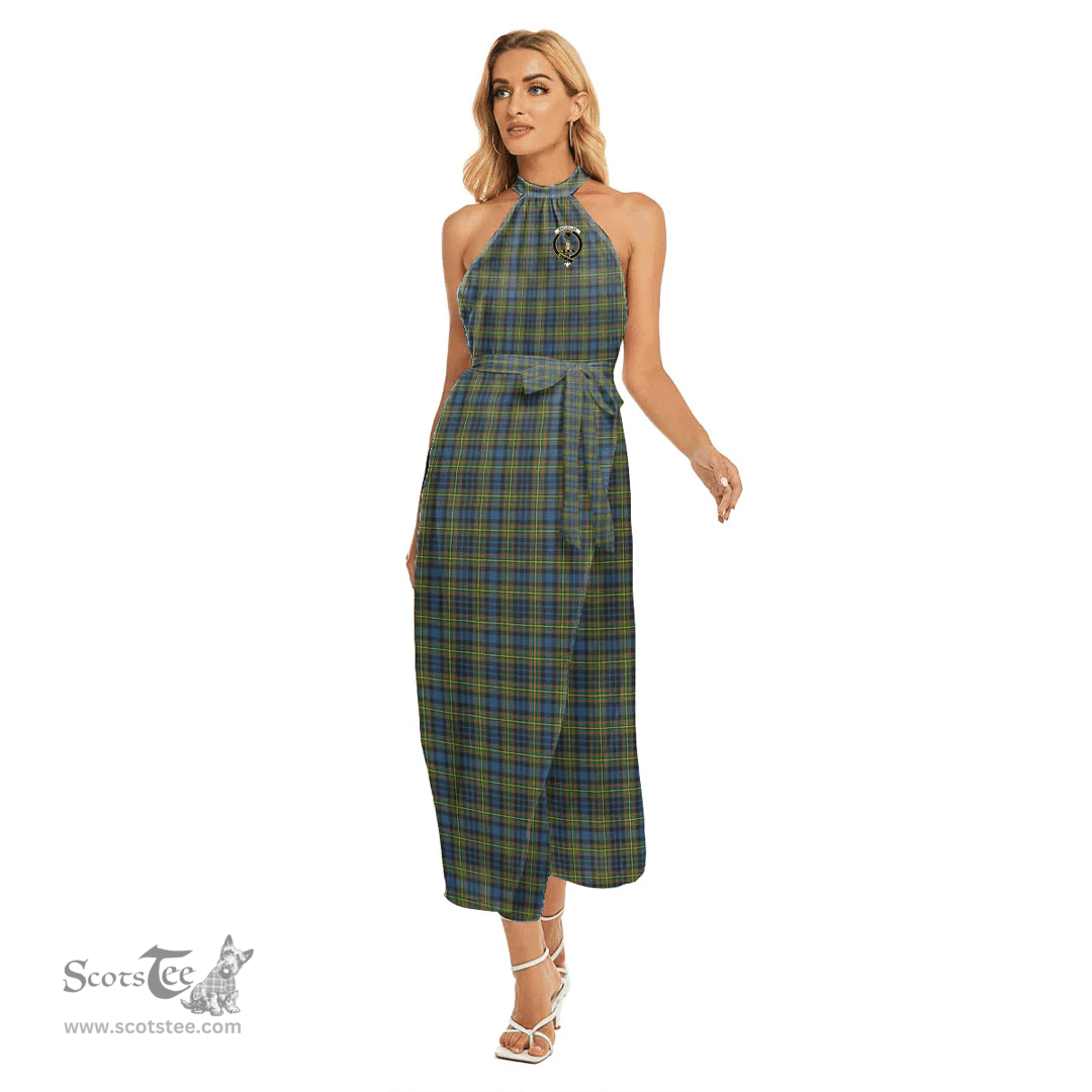 ScotsTee Shop Scottish MacLellan Ancient Clan Crest Tartan Womens Wrap Hem Belted Halter Dress