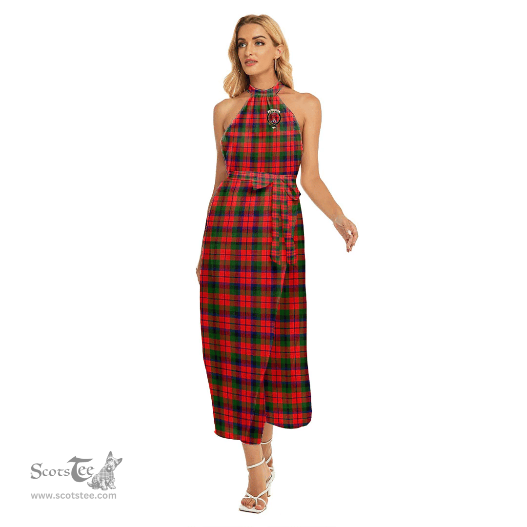 ScotsTee Shop Scottish MacNaughton Modern Clan Crest Tartan Womens Wrap Hem Belted Halter Dress