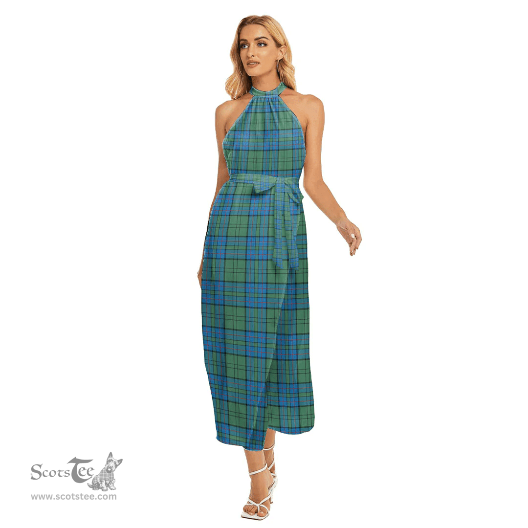 ScotsTee Shop Scottish Lockhart Clan Tartan Womens Wrap Hem Belted Halter Dress