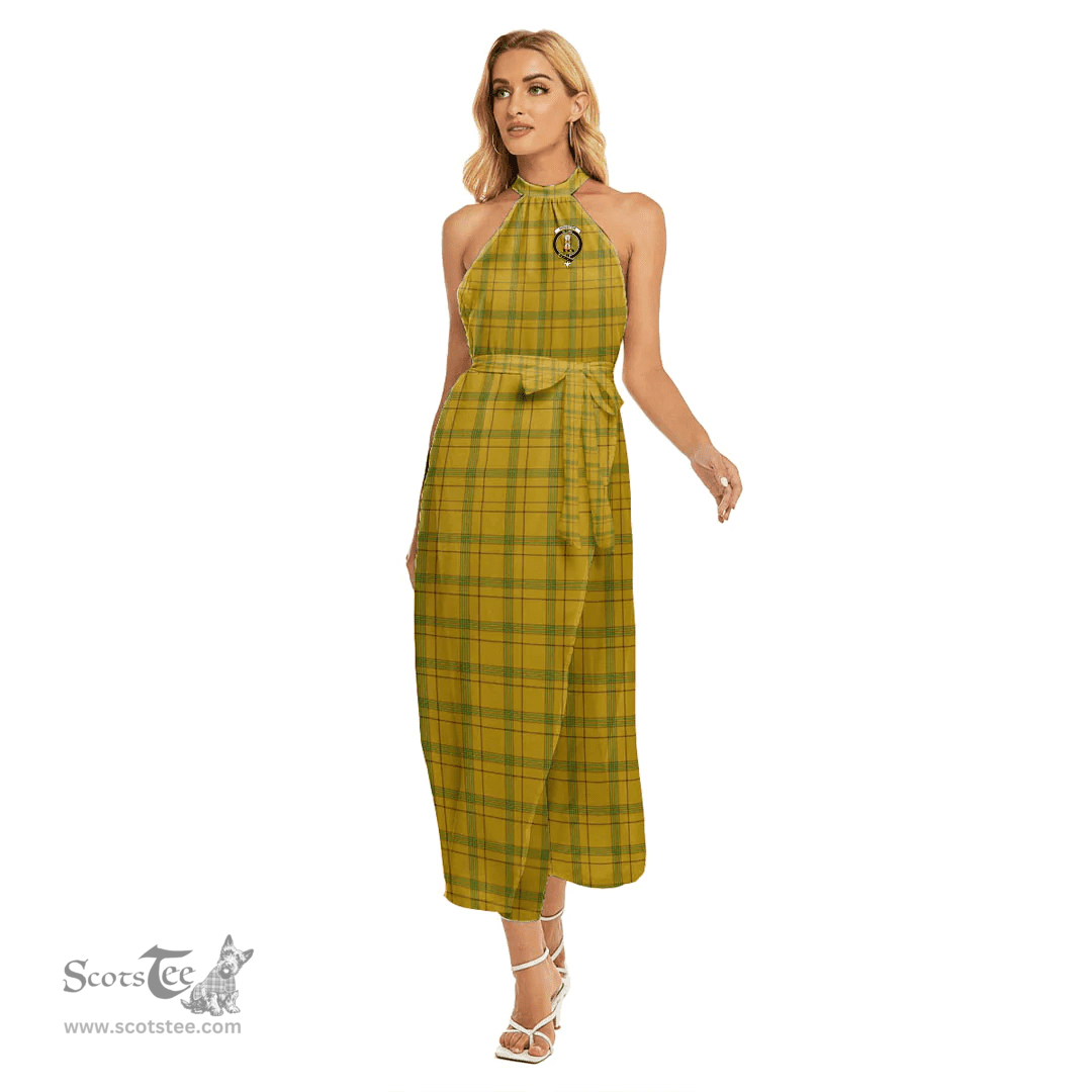 ScotsTee Shop Scottish Houston Clan Crest Tartan Womens Wrap Hem Belted Halter Dress