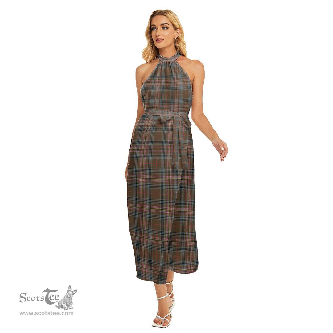 ScotsTee Shop Scottish Kennedy Weathered Clan Tartan Womens Wrap Hem Belted Halter Dress