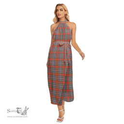 ScotsTee Shop Scottish MacFarlane Ancient Clan Tartan Womens Wrap Hem Belted Halter Dress