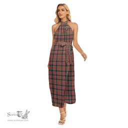 ScotsTee Shop Scottish MacPherson Ancient Clan Crest Tartan Womens Wrap Hem Belted Halter Dress